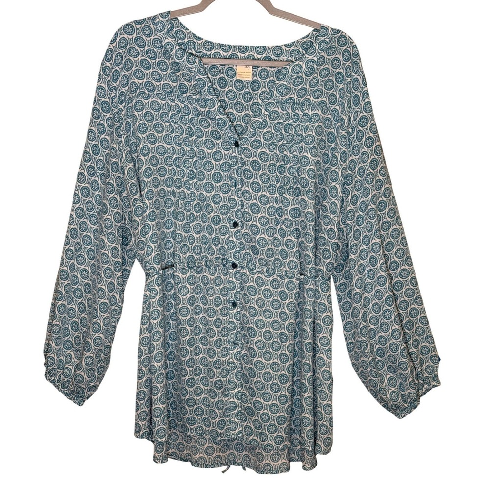 Terra & Sky Womens Top Blue 2X Boho Peplum Medallion Print Blouse Casual Office - Picture 2 of 8